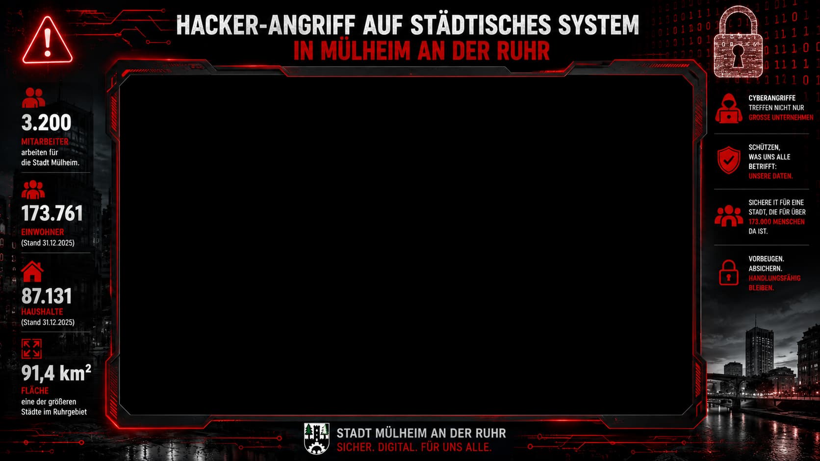 Cyberangriff Mülheim – Lage-Frame mit animiertem Stadt-Overlay