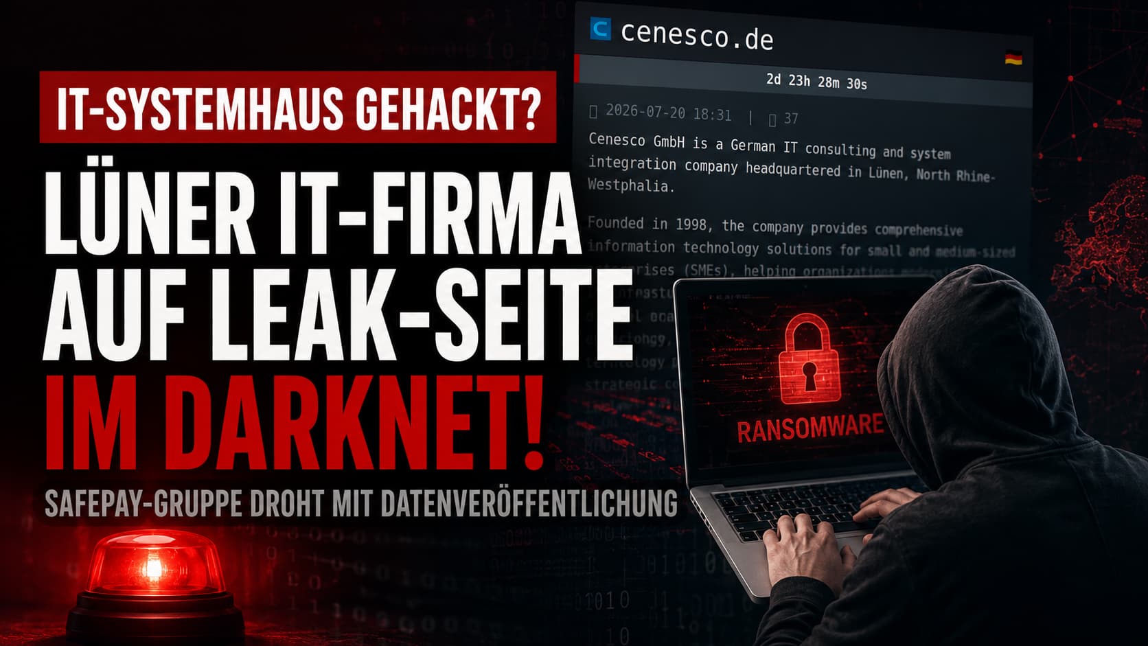 Screenshot einer SafePay-Leak-Seite zeigt cenesco.de – Lüner IT-Systemhaus Cenesco GmbH im Darknet gelistet