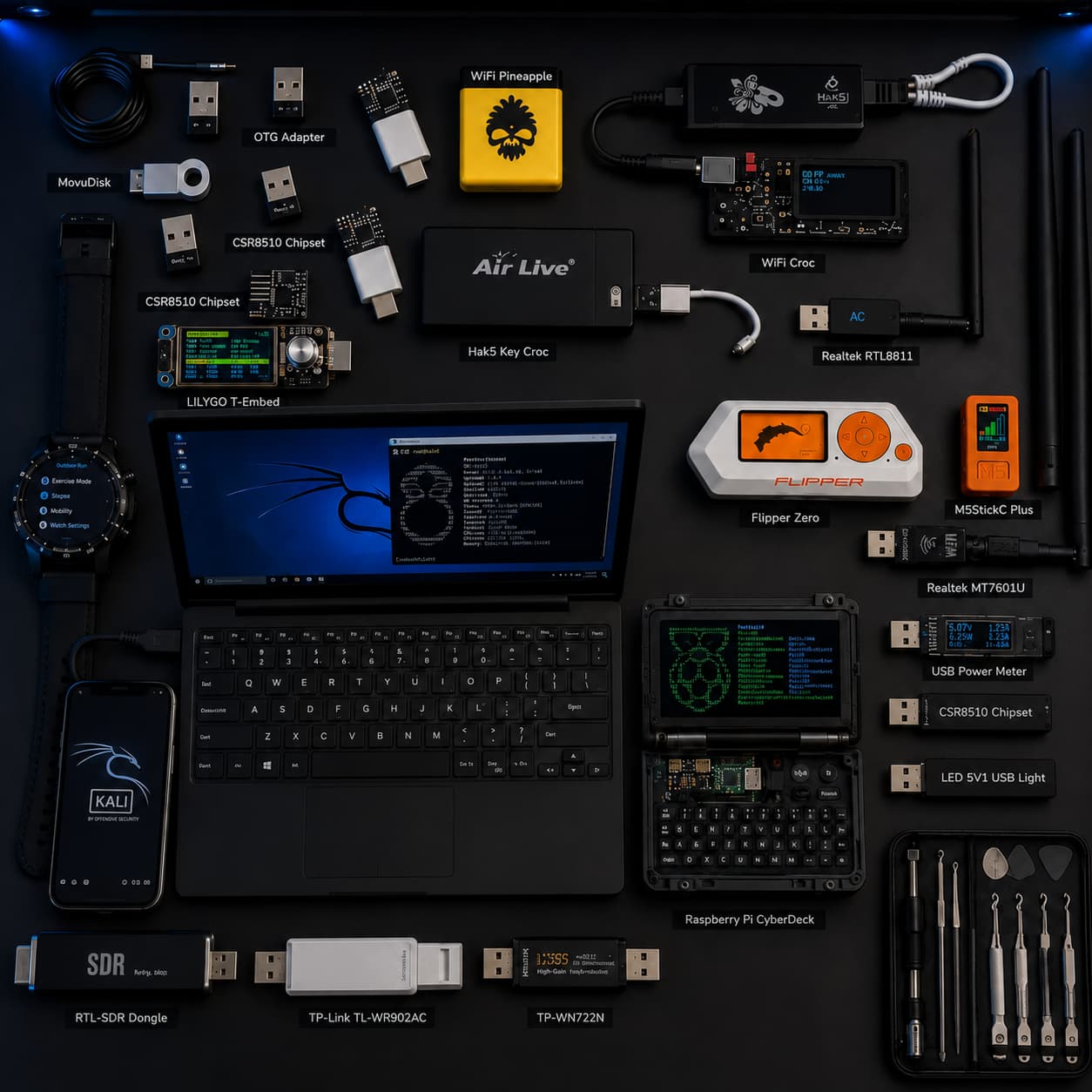 Cybersecurity-Werkzeugkasten: Wi-Fi Pineapple, Flipper Zero, Kali Linux, RTL-SDR, Raspberry Pi CyberDeck und weitere Tools