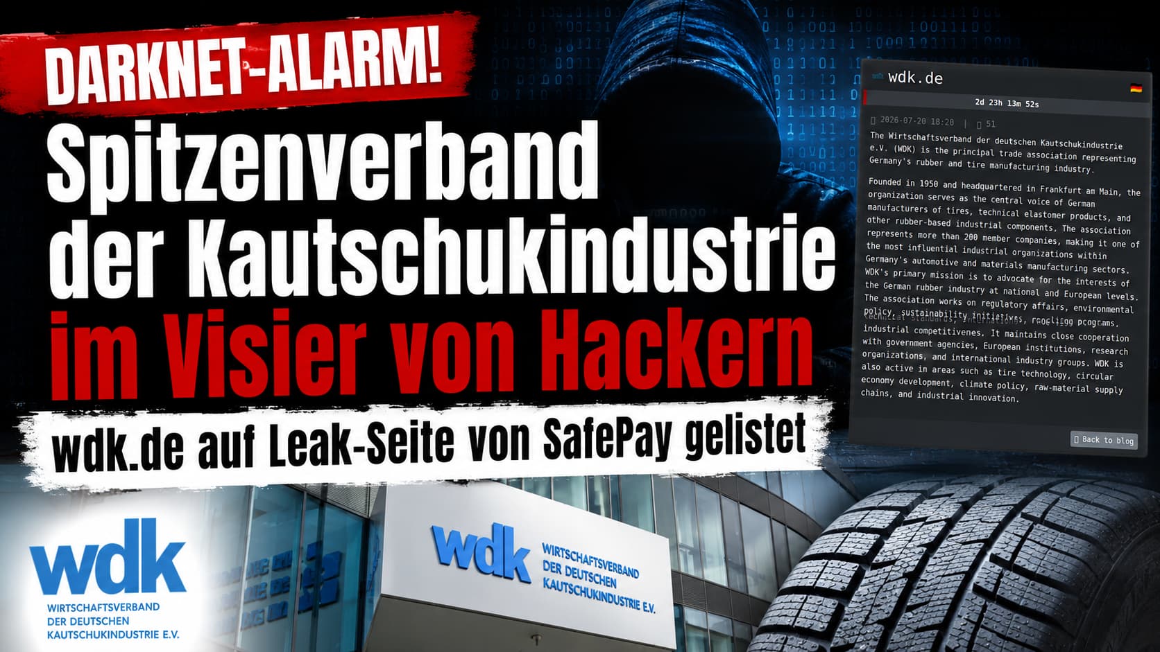 Darknet-Alarm: Spitzenverband der Kautschukindustrie (WDK, wdk.de) auf der SafePay-Leak-Seite mit Countdown