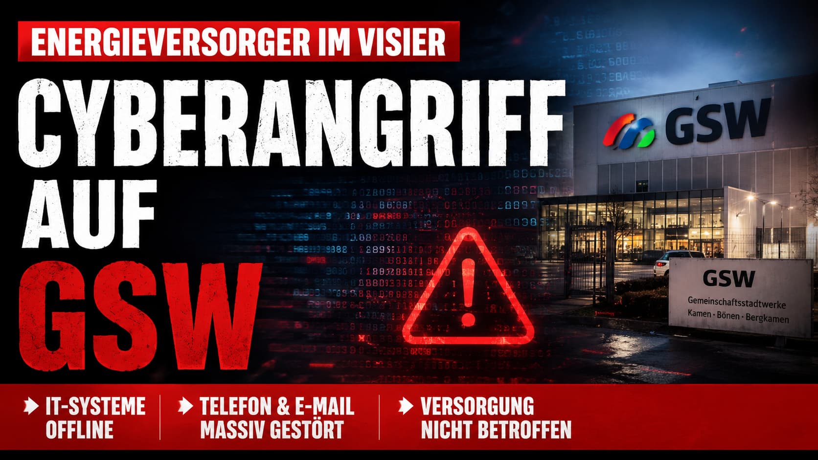 Cyberangriff auf GSW – Gemeinschaftsstadtwerke Kamen, Bönen, Bergkamen (Illustration)