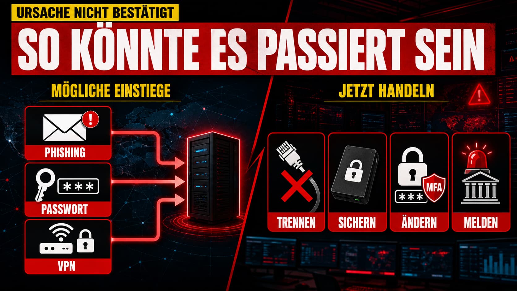 Infografik: SO KÖNNTE ES PASSIERT SEIN – Einstiegspunkte Phishing, Passwort, VPN – JETZT HANDELN: Trennen, Sichern, Ändern, Melden