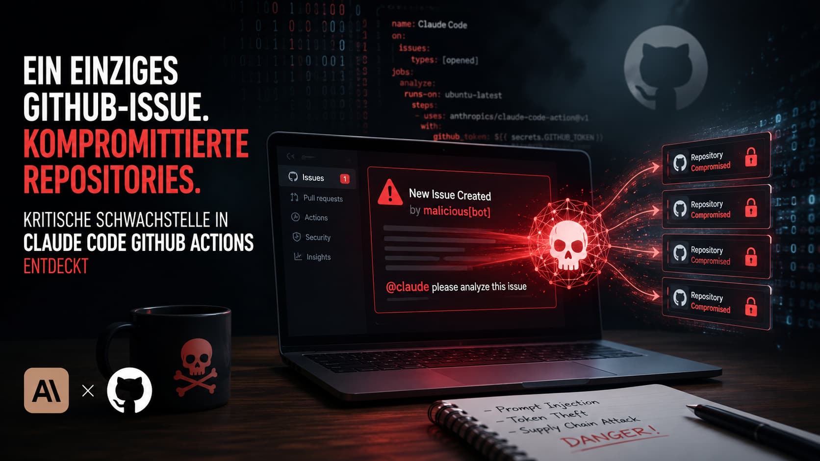 Claude Code GitHub Actions Schwachstelle: kompromittierte Repositories durch ein einziges manipuliertes GitHub-Issue – Visualisierung der Supply-Chain-Bedrohung.