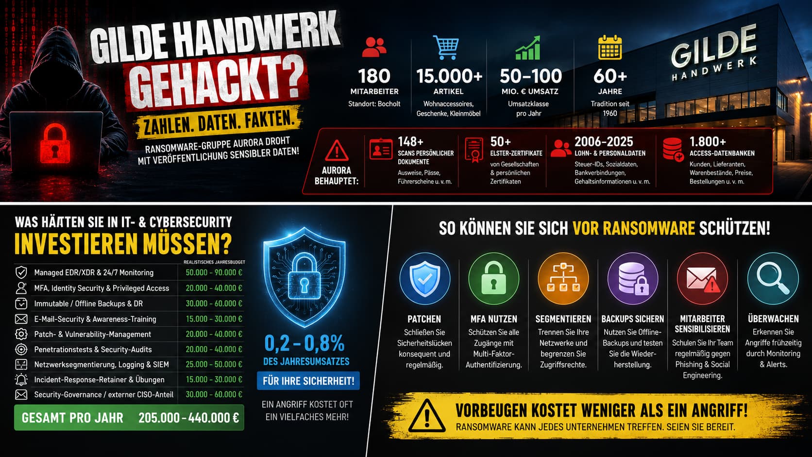 Infografik: GILDE Handwerk gehackt? Zahlen, Daten, Fakten – Aurora-Behauptungen, Sicherheitsbudget und Schutzmaßnahmen