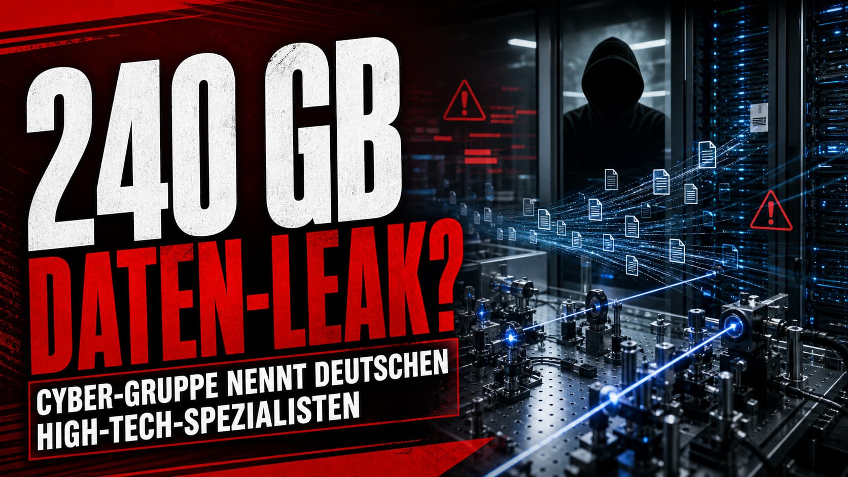 240 GB Daten-Leak? Cyber-Gruppe nennt deutschen High-Tech-Spezialisten Menlo Systems – dramatische Cyber-Alarm-Grafik mit Hoodie-Figur im Serverraum und Photonik-Laborequipment.