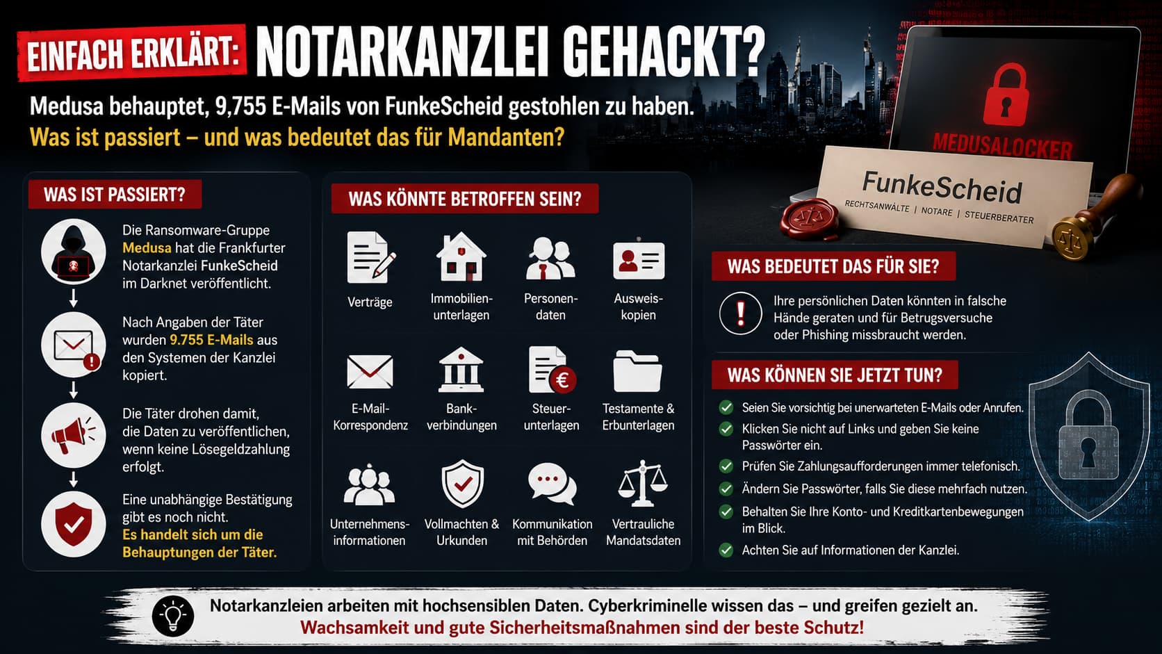 Einfach erklärt: Notarkanzlei gehackt? Medusa behauptet 9.755 E-Mails erbeutet zu haben – was das für Mandanten bedeutet