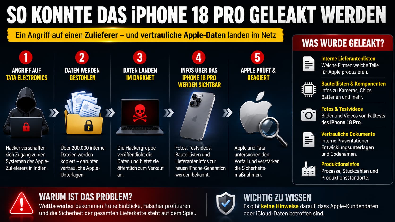 Infografik: So konnte das iPhone 18 Pro geleakt werden – Angriffskette in 5 Schritten