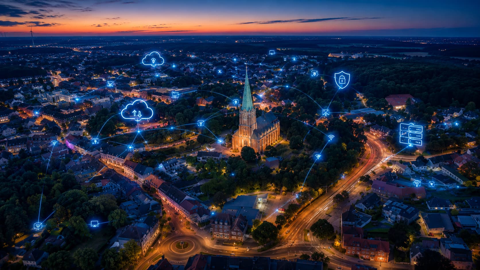 Innovative IT-Dienstleistungen im Kreis Heinsberg – vernetztes Stadtbild bei Nacht