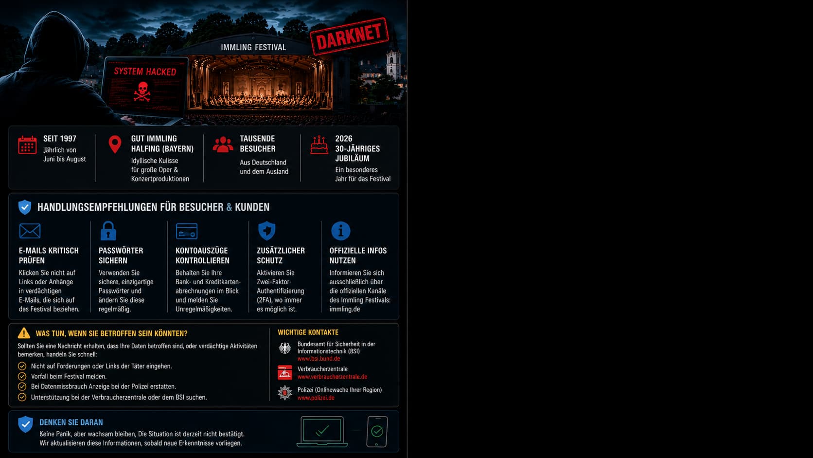 Immling Festival · Handlungsempfehlungen, wichtige Kontakte – rechts Hollywood-Terminal-Animation
