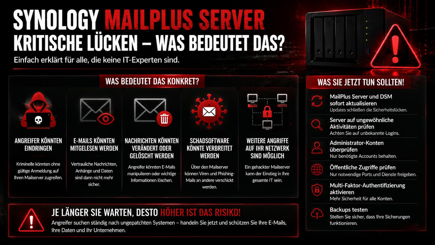 Synology MailPlus Server – was die kritischen Lücken konkret bedeuten (Info-Grafik)