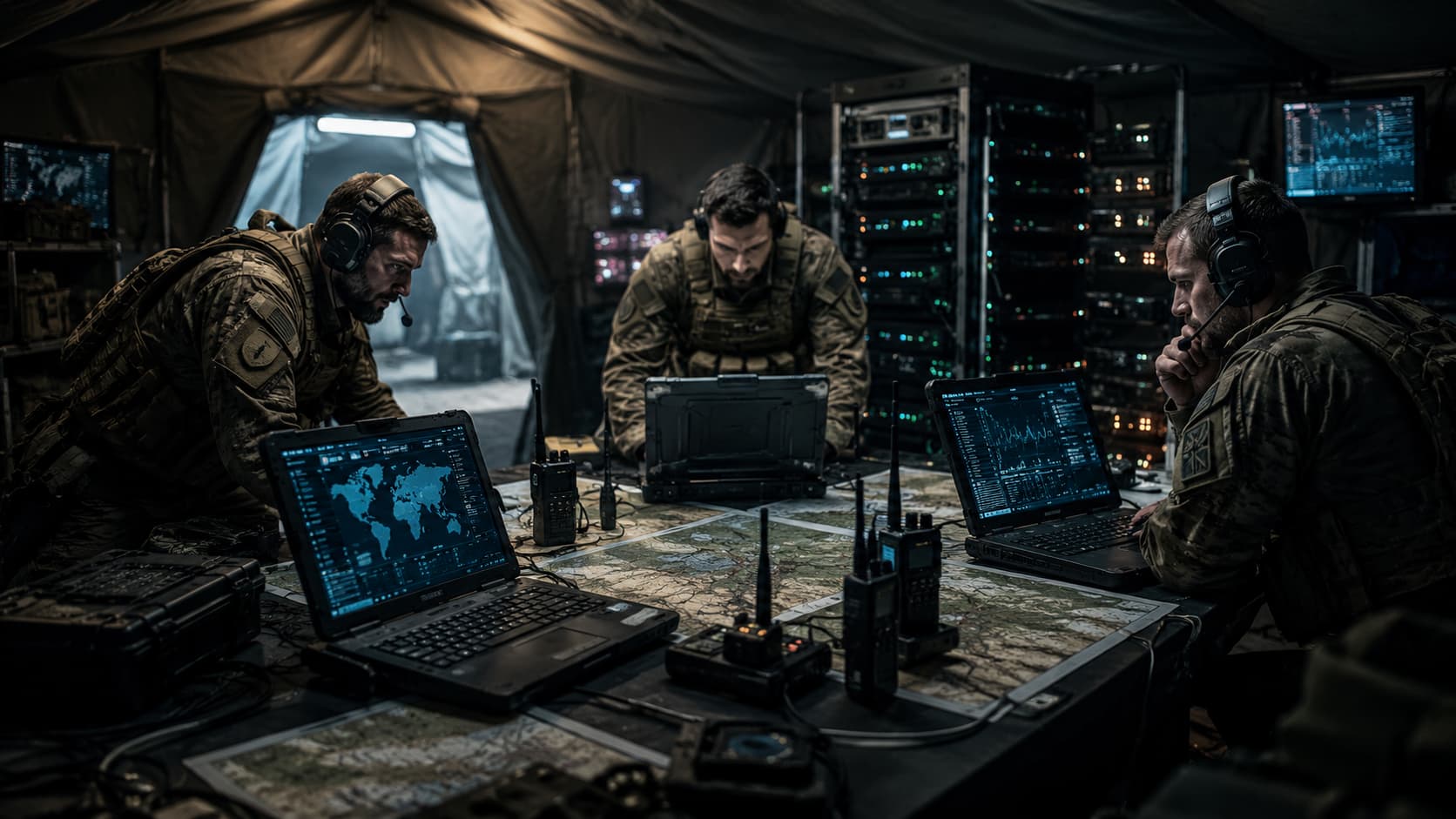 Militärisches Cyber-Lagezentrum: Soldaten arbeiten an taktischen Rugged-Laptops mit Threat-Dashboards und Weltkarten – Sinnbild für Agentic AI in der Cyberabwehr.