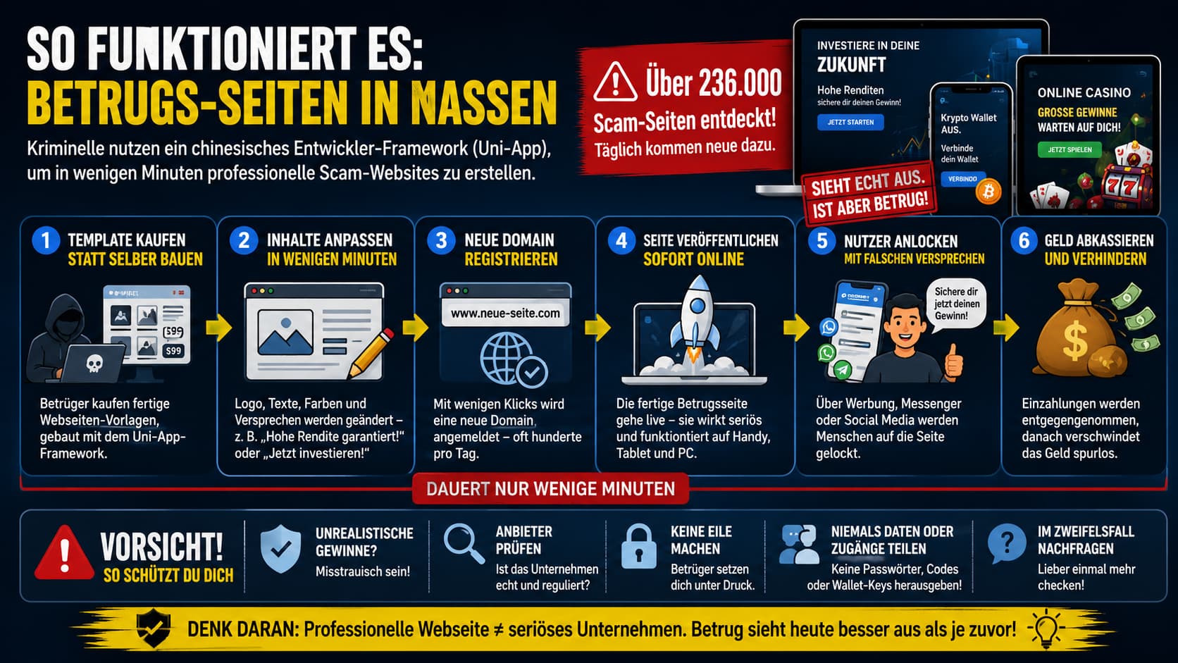 So funktioniert es: Betrugs-Seiten in Massen – 6-Schritt-Ablauf der Uni-App-Scam-Kampagne