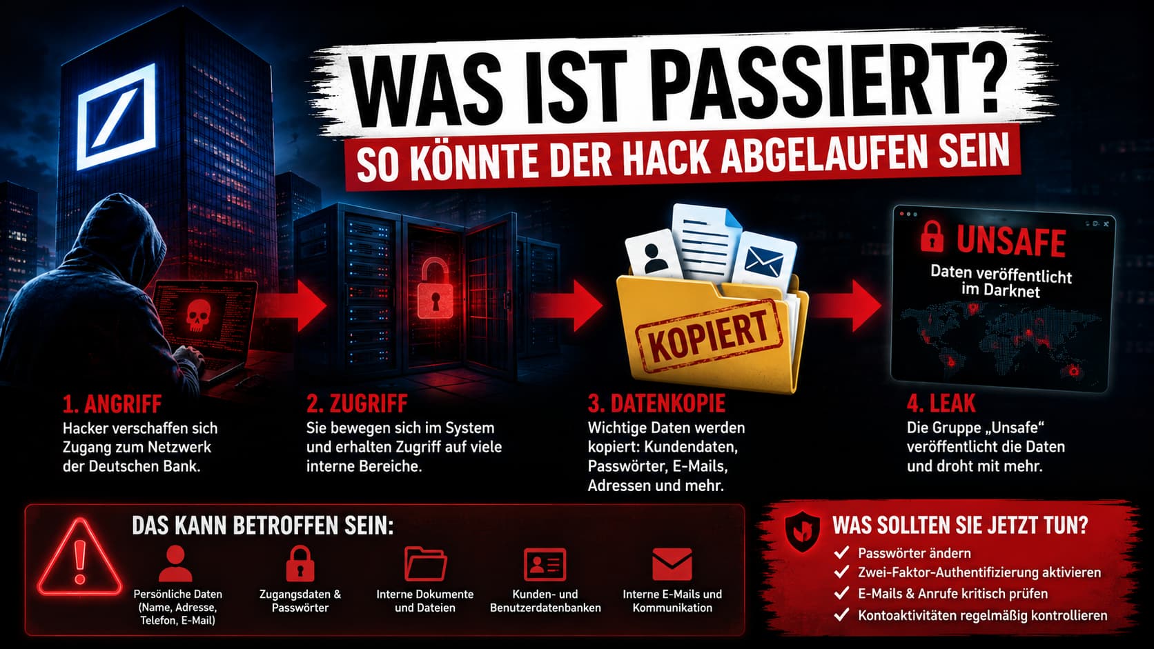 Attack-Chain-Infografik: Angriff → Zugriff → Datenkopie → Leak durch Unsafe auf die Deutsche Bank