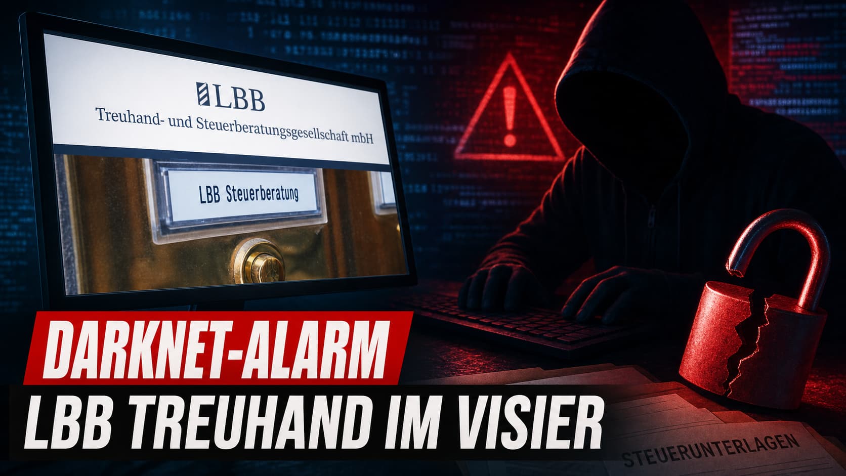 Darknet-Alarm: LBB Treuhand aus Isny im Allgäu auf der SafePay-Leak-Seite, hooded figure mit rotem HUD