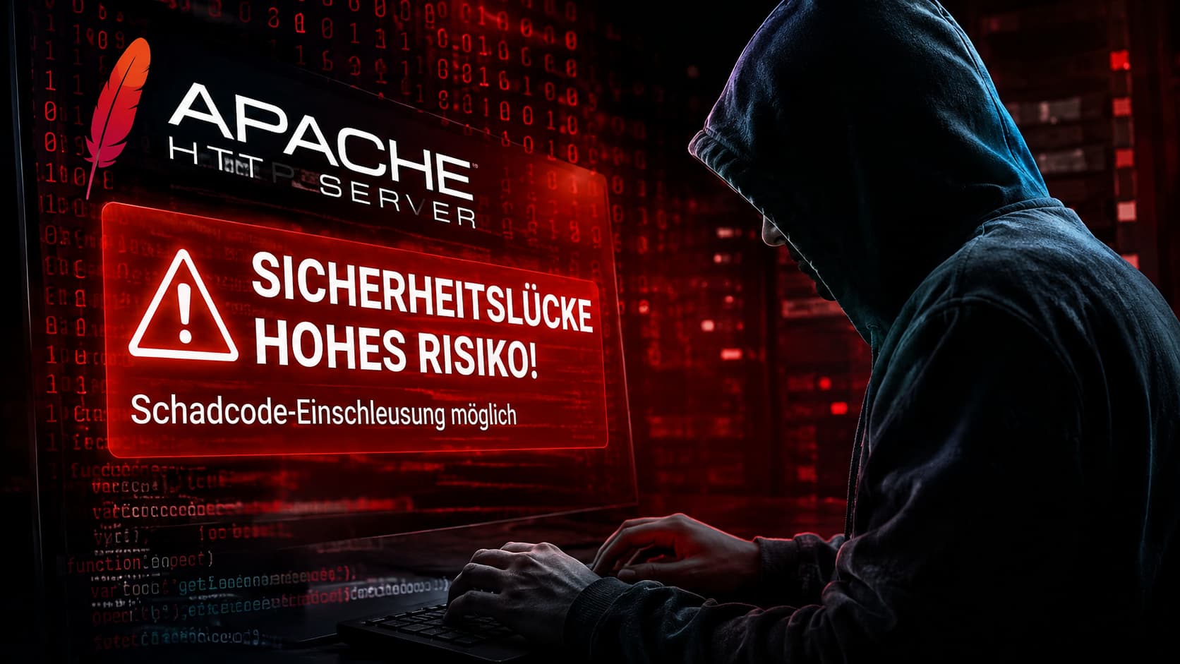 Apache HTTP Server Sicherheitslücke 2026 – Hacker vor rotem Warnbildschirm mit Apache-Logo