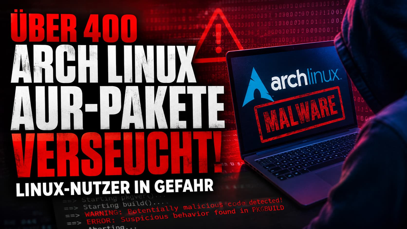 Arch Linux Logo mit MALWARE-Stempel, im Hintergrund Code-Matrix und Warnsymbol