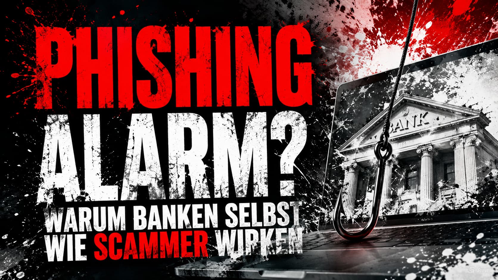 Phishing-Alarm: Bank-Gebäude mit Phishing-Haken vor Laptop – warum Banken selbst wie Scammer wirken