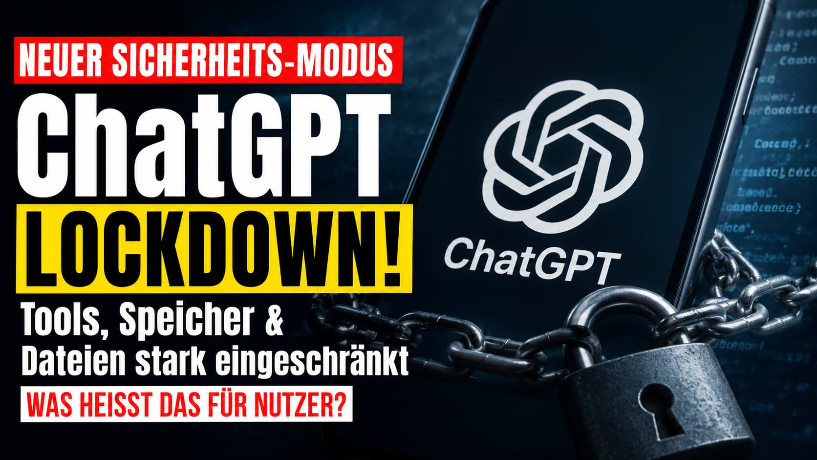 ChatGPT Lockdown Mode: Smartphone mit ChatGPT-Logo, umkettet mit Vorhängeschloss