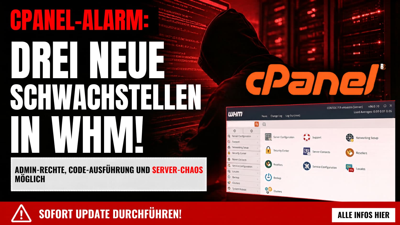 cPanel und WHM Sicherheitslücken Mai 2026 – rotes Warnsymbol über Hosting-Control-Panel