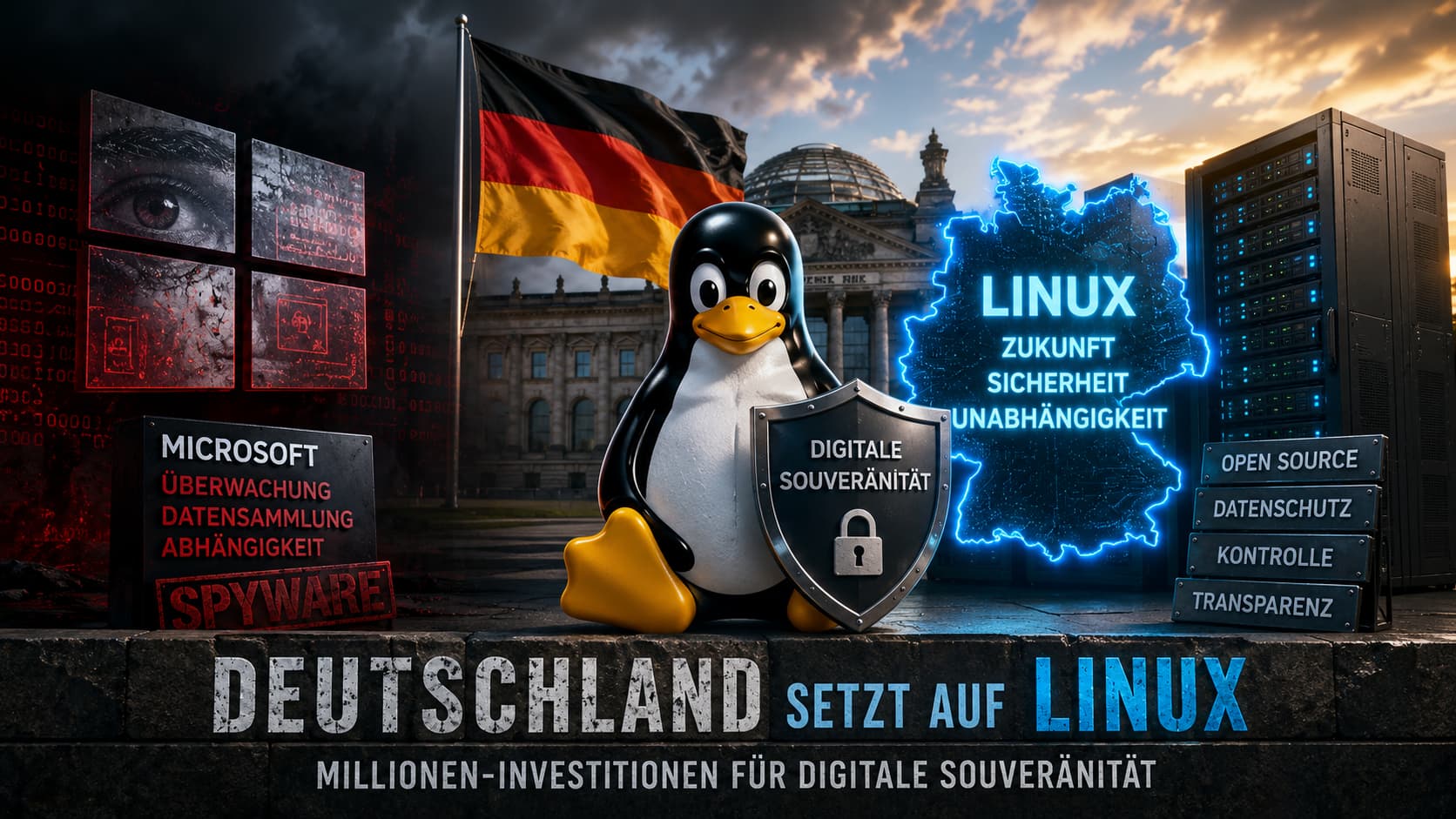 Tux-Pinguin mit Schild „Digitale Souveränität“ vor Reichstag und Deutschlandkarte aus Linux-Servern