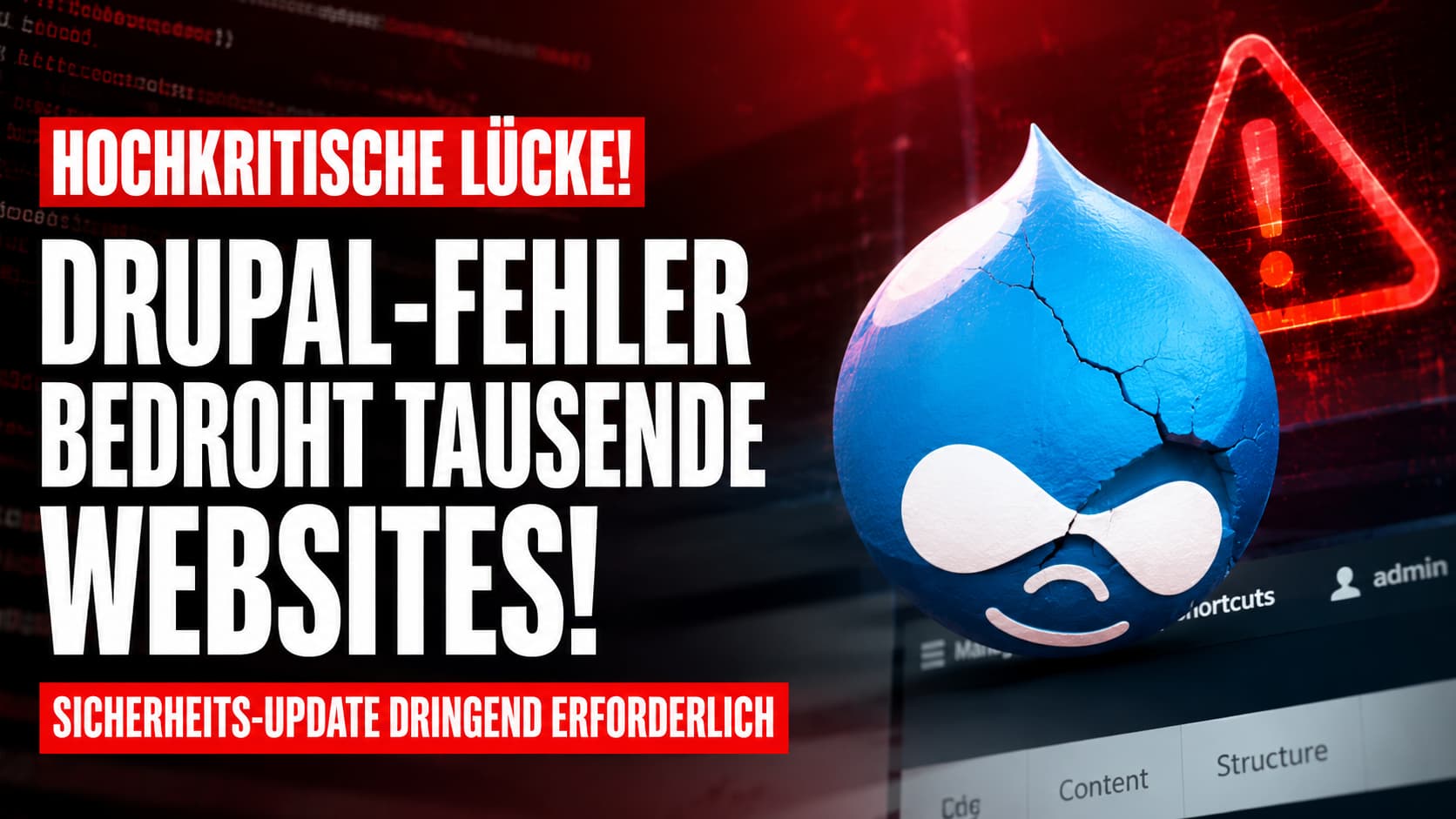 Drupal hochkritische Sicherheitslücke 2026 – Drupal Logo mit Warnsymbol
