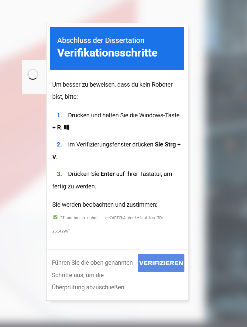 Fake CAPTCHA Verifikationsfenster – Social Engineering Angriff