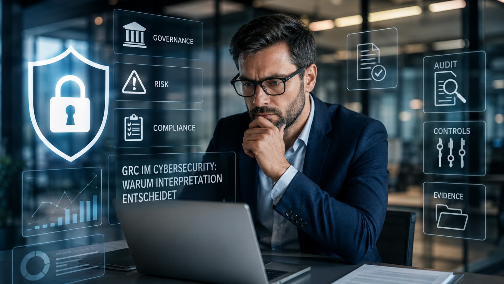 GRC in der Cybersecurity: Governance, Risk, Compliance, Audit, Controls und Evidence als Glas-Panels über einer analytischen Arbeitsumgebung