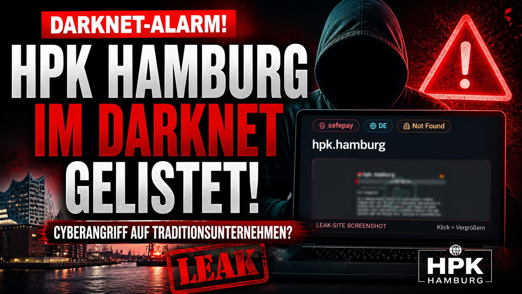HPK Hamburg im Darknet gelistet – Leak-Site Screenshot mit Hamburger Skyline und Hooded Figure