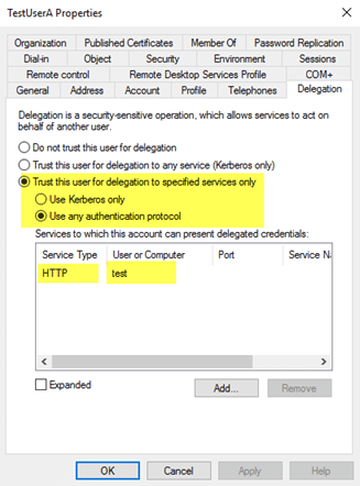 Active Directory Delegation Tab