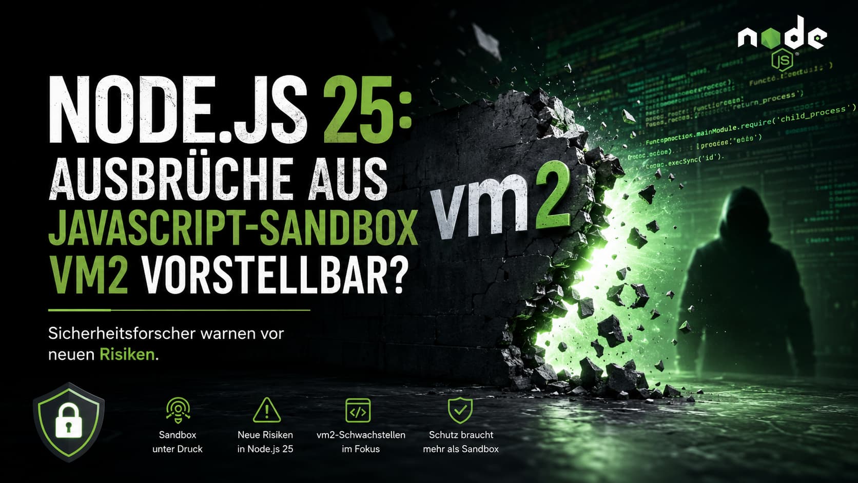 Node.js 25 vm2 Sandbox Escape – grüner Mauerdurchbruch mit Code-Hintergrund