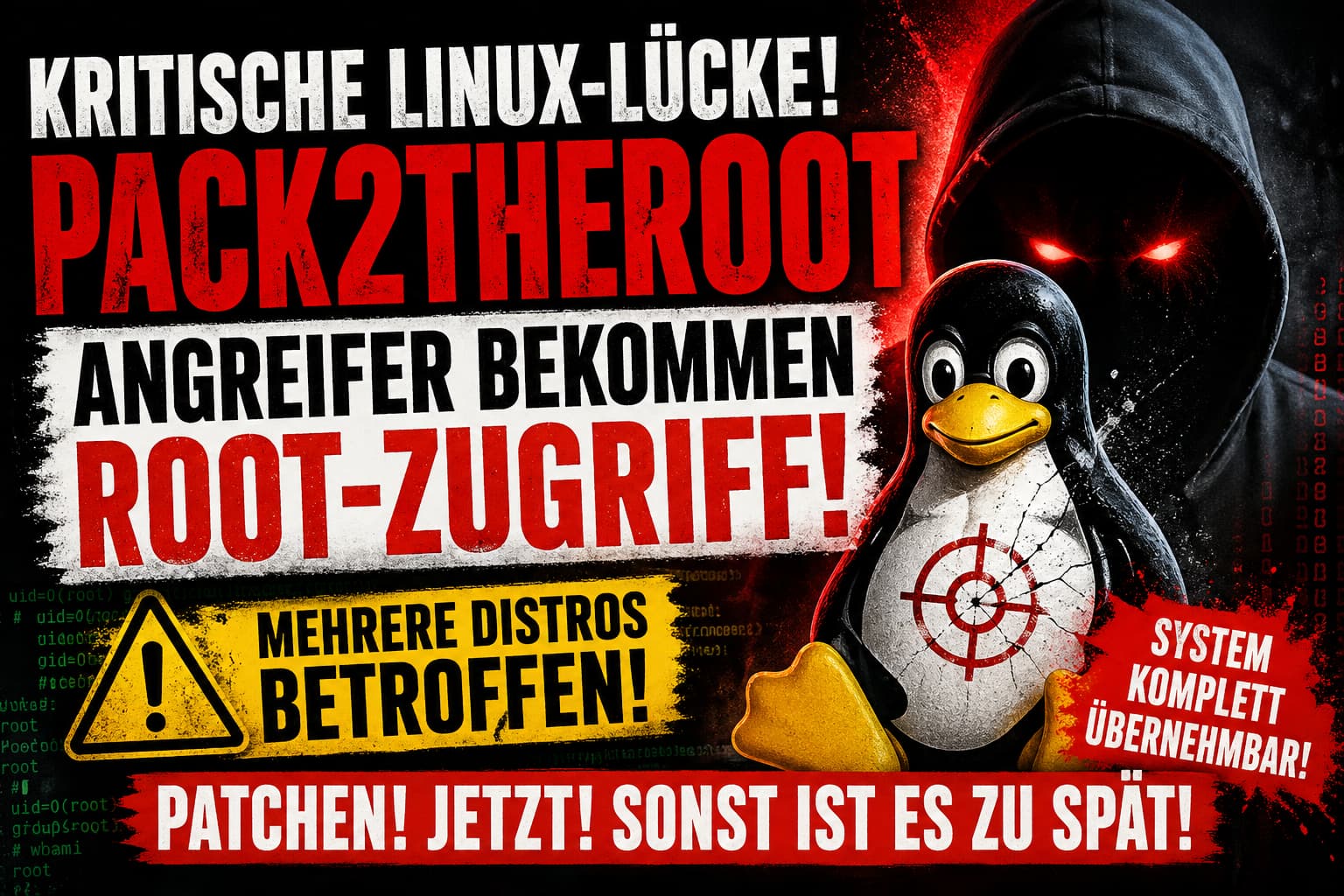 Pack2TheRoot Linux Sicherheitslücke – Hacker mit Tux-Pinguin im Fadenkreuz, Warnung Root-Zugriff