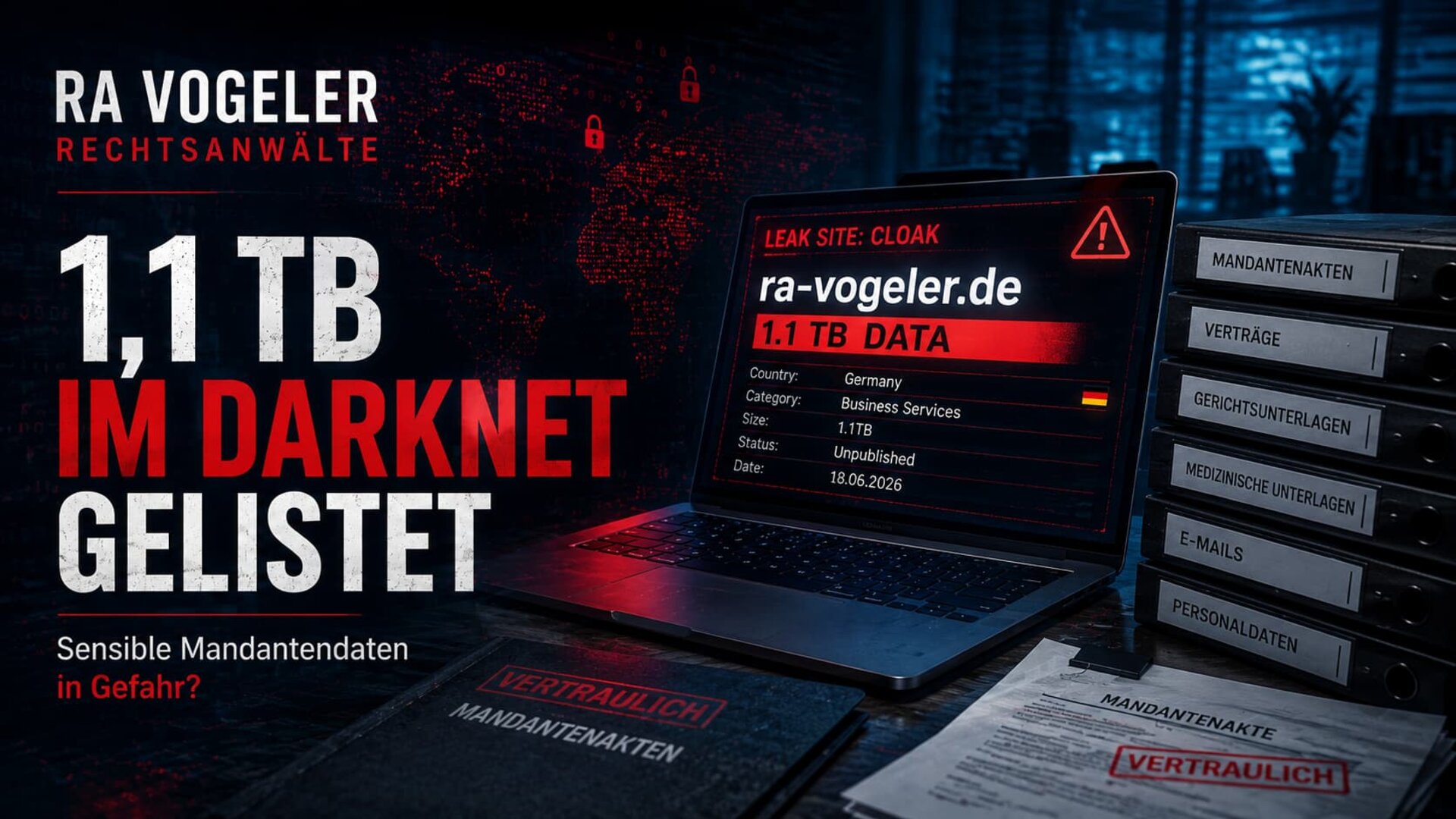 RA Vogeler Rechtsanwälte gehackt – 1,1 TB Mandantendaten auf Cloak-Leakseite im Darknet gelistet