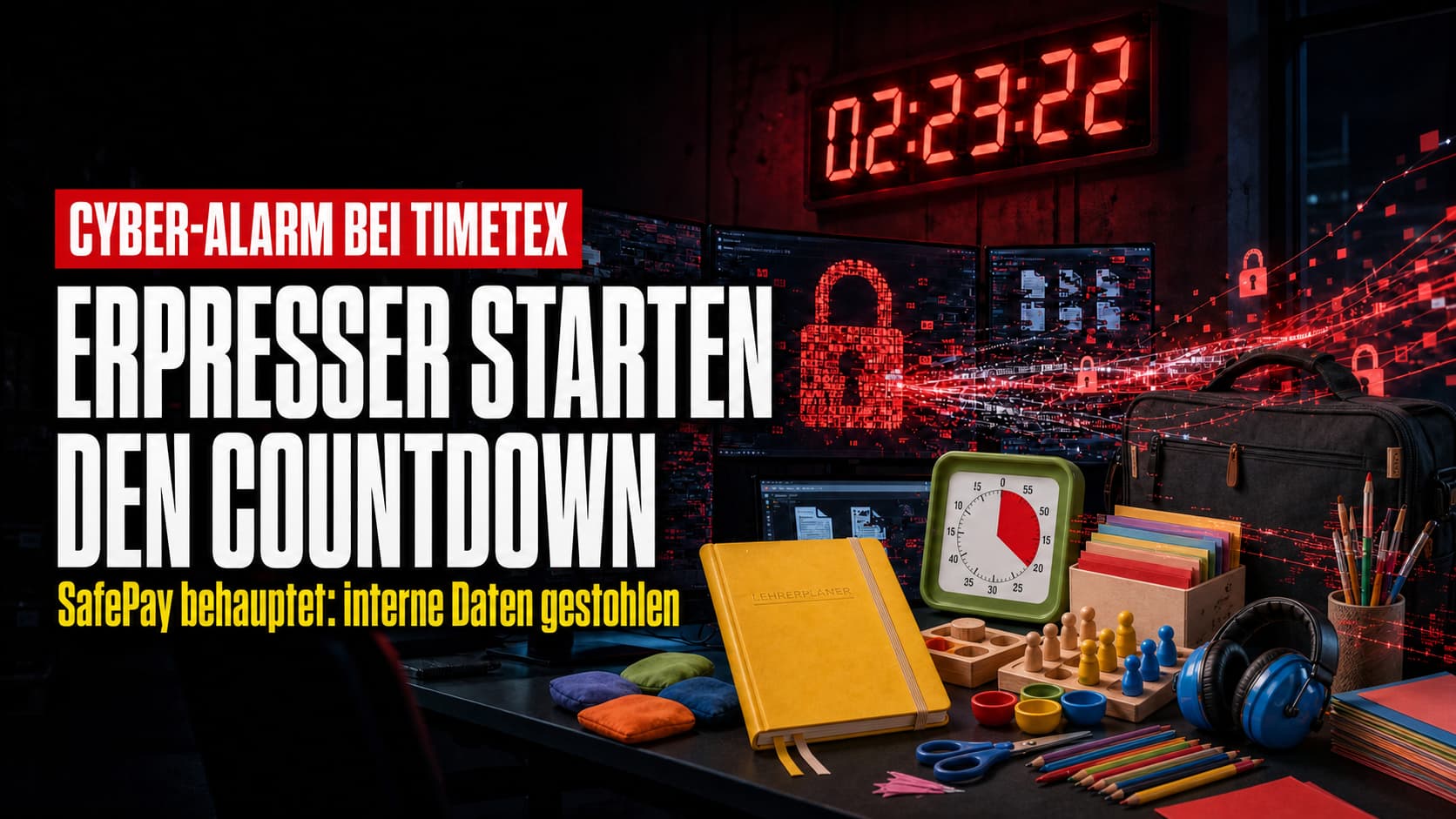 Cyber-Alarm bei TimeTEX: Rotes Erpresser-Cockpit mit 02:23:22-Countdown, Schloss-Symbolen und Lehrerbedarf – Screenshot-Bezug zur SafePay-Leak-Seite