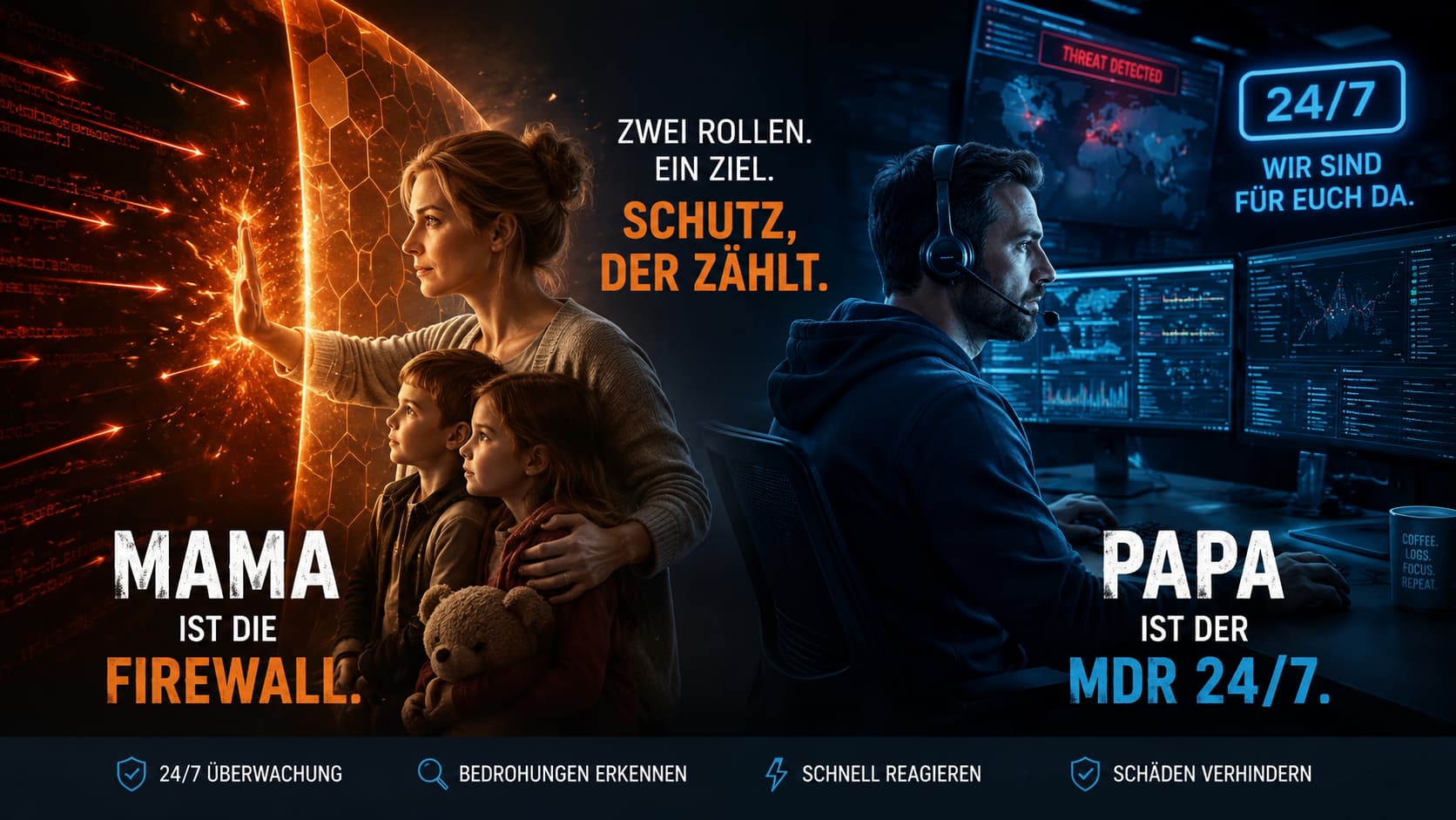 Mama als Firewall schützt die Familie, Papa als MDR-Analyst überwacht 24/7 Bedrohungen am SOC-Dashboard