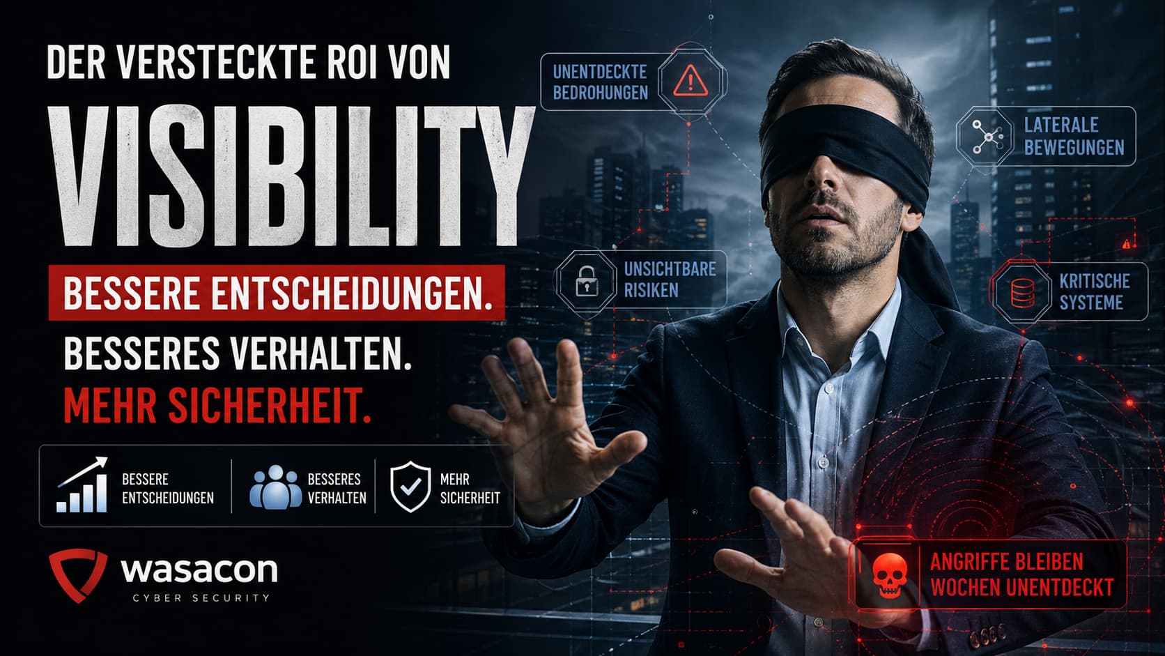 Versteckte ROI von Visibility – Manager mit Augenbinde vor digitaler Skyline mit Bedrohungsindikatoren