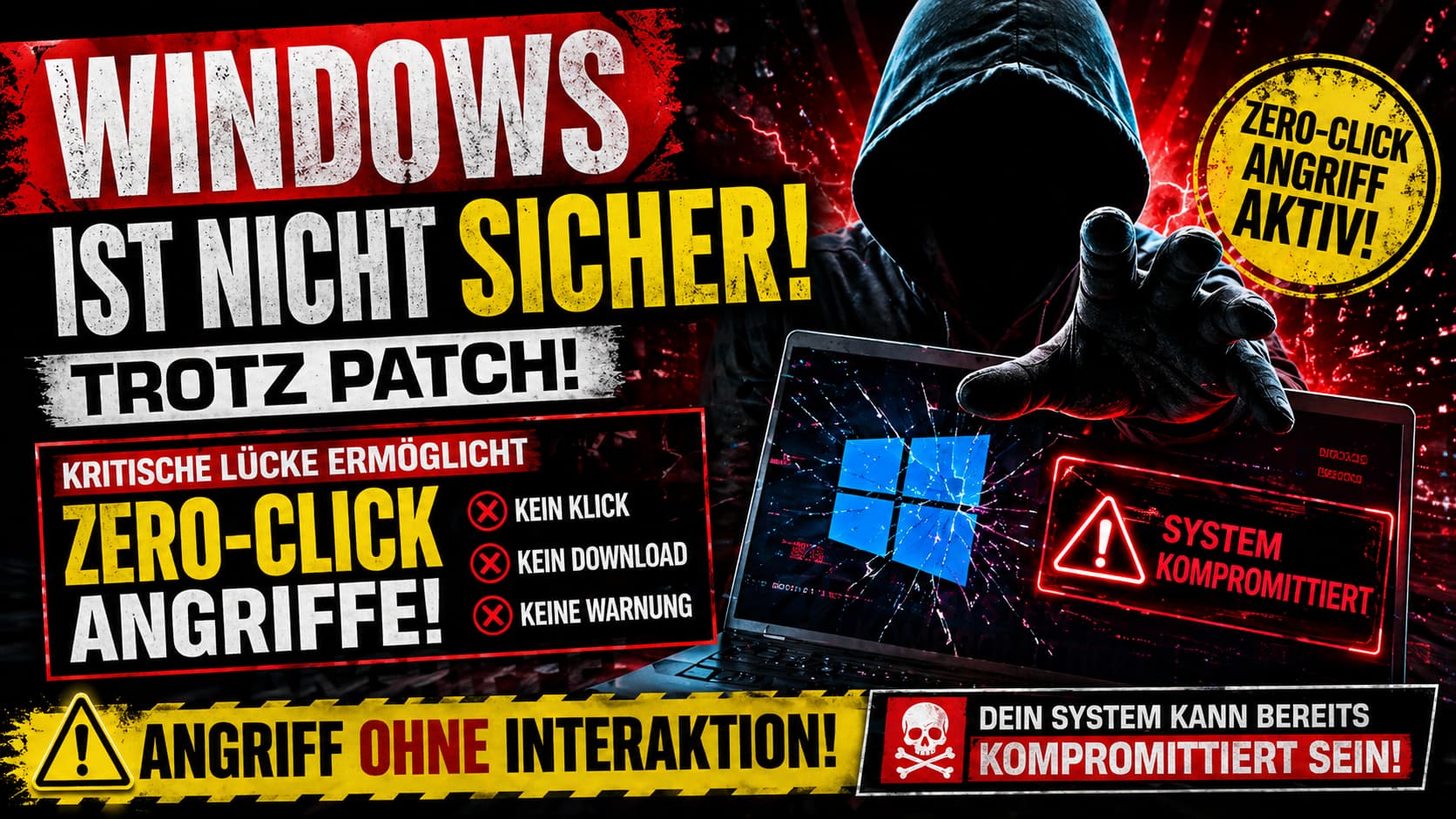 Windows Zero-Click Angriff trotz Patch – kompromittiertes Notebook mit Hacker-Silhouette