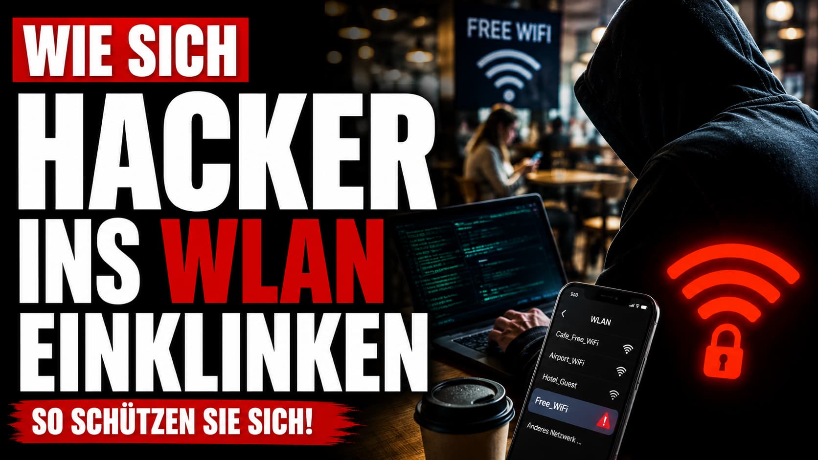 WLAN-Hacking: Hooded Hacker mit Laptop und Smartphone im Café, freie WiFi-Netzwerke werden gescannt