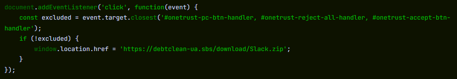 JavaScript-Hijacker Code der Fake-Slack-Domain debtclean-ua.sbs