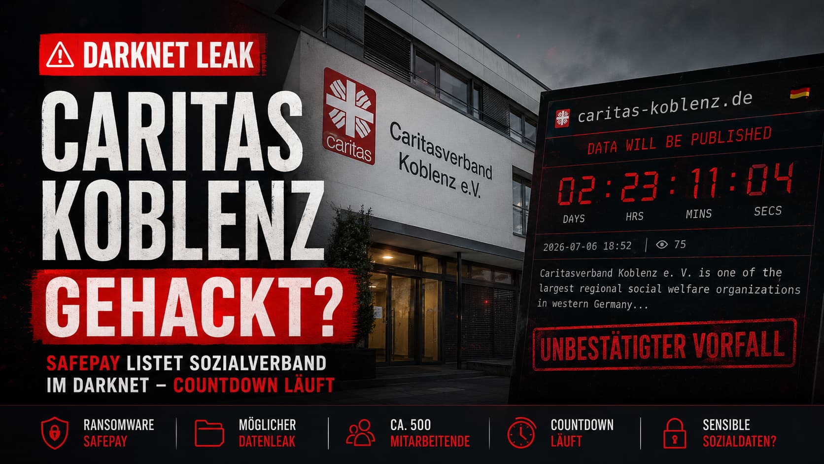 Caritasverband Koblenz auf SafePay Darknet-Leak-Seite mit Countdown – Ransomware-Bande behauptet Datenbesitz (unbestätigt)