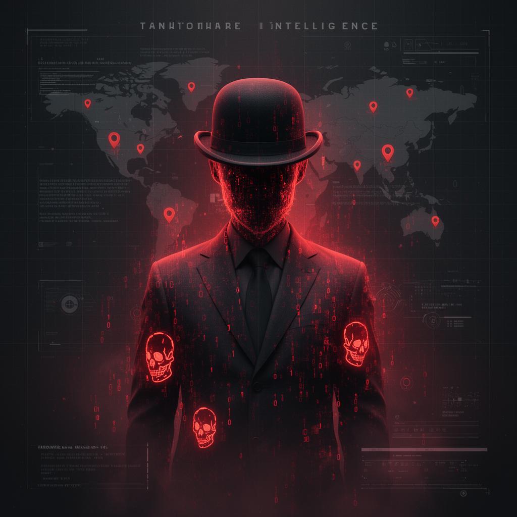 The Gentlemen Ransomware – Threat Intelligence Cover mit anthrazitfarbenem Hintergrund, rotem Glow und stilisierter Bowler-Hut-Silhouette aus Code.
